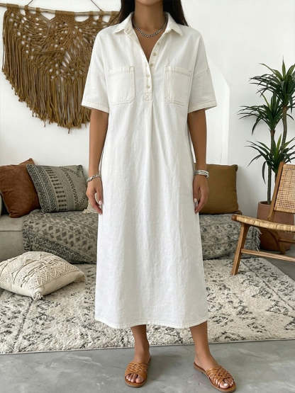 Casual Short-sleeved Polo Collar Denim Dress