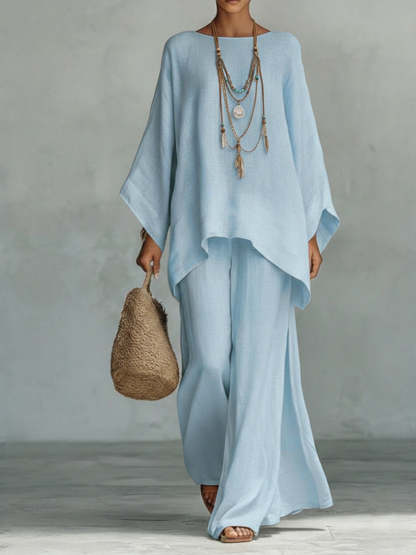 Women's Comfortable, Loose-fitting Linen And Cotton Top And Wide-leg Pants Two-piece Set.