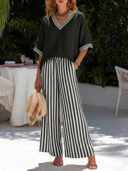 Casual Two-piece Set: Striped Linen & Cotton Patchwork Top And Striped Trousers— Look Put Together in 5 Seconds