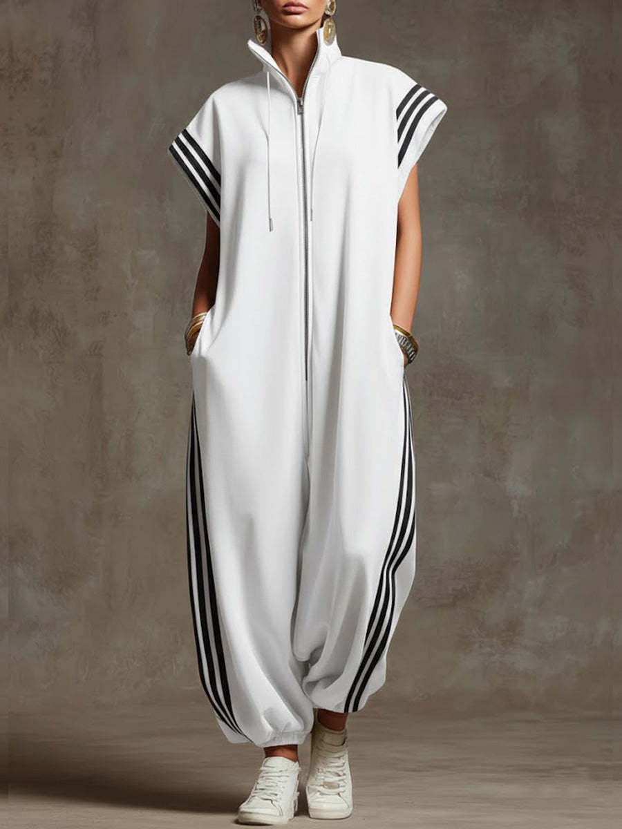 Women's Relaxed Stand-collar Short-sleeved Casual Loose Cotton Wide-leg Jumpsuit