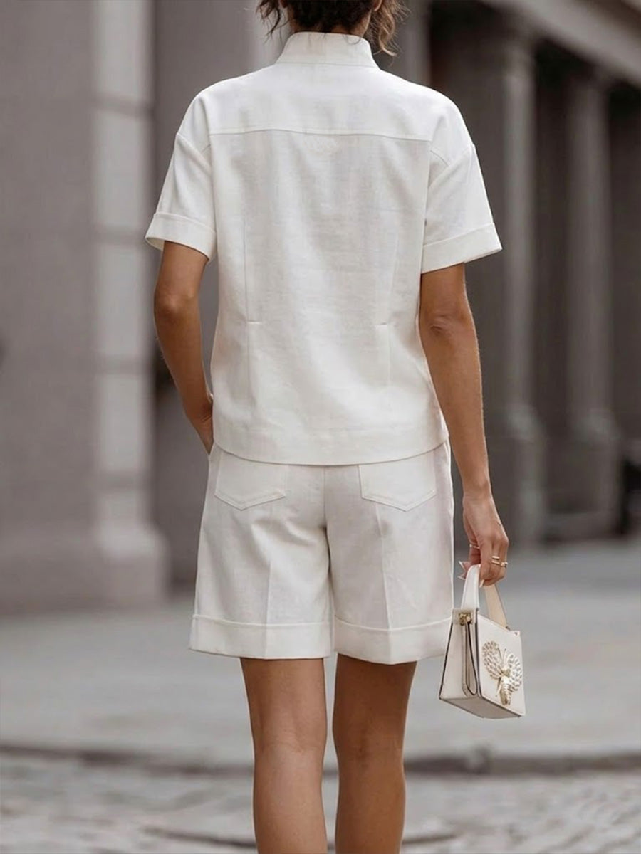 Women's V-neck Short-sleeved Casual Loose Cotton Linen Top High-waisted Casual Loose Wide-leg Shorts Cotton Linen Set