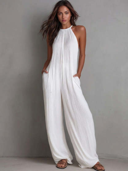 Minimalist Halter-neck Loose Cotton-linen Jumpsuit