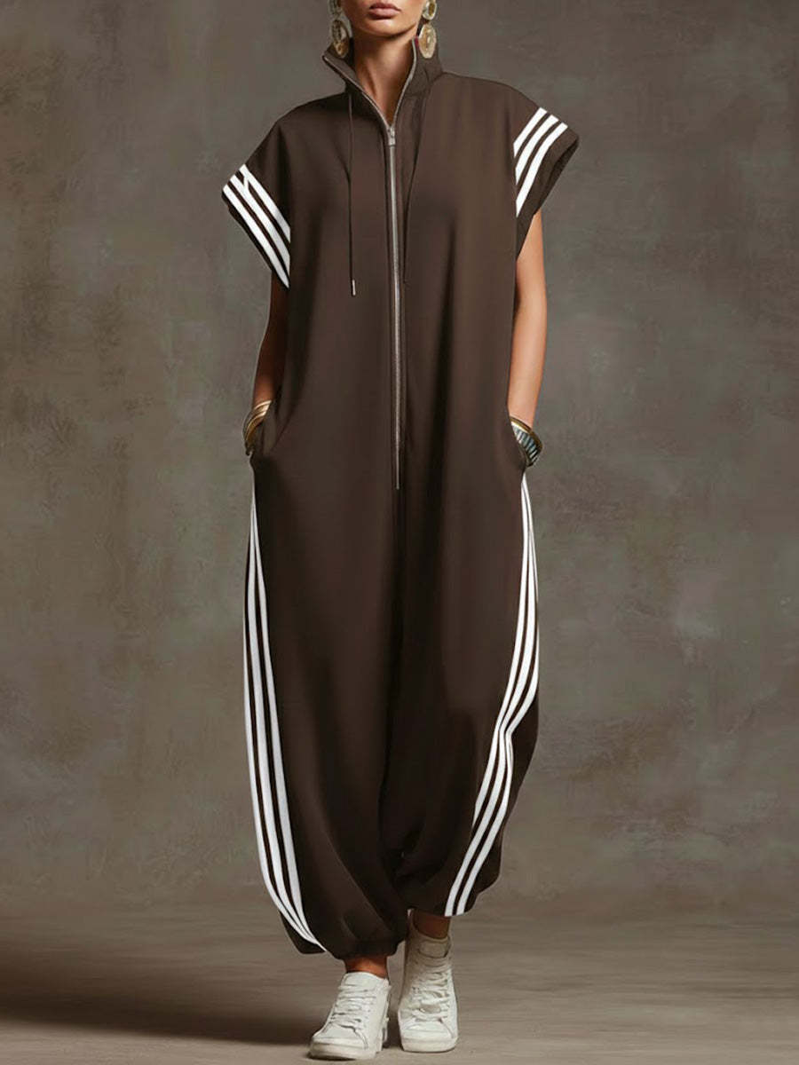 Women's Relaxed Stand-collar Short-sleeved Casual Loose Cotton Wide-leg Jumpsuit