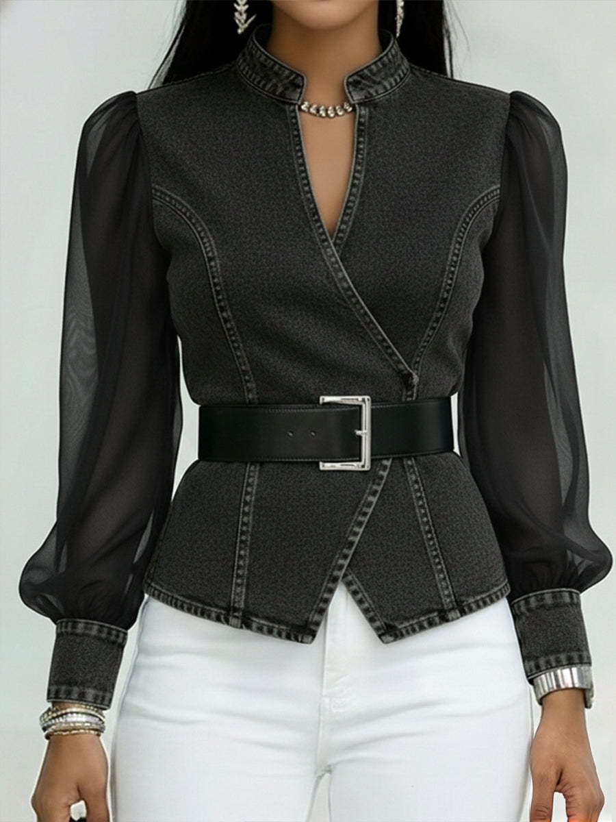 Elegant, Slim-fitting Denim Top With Organza Sleeves.