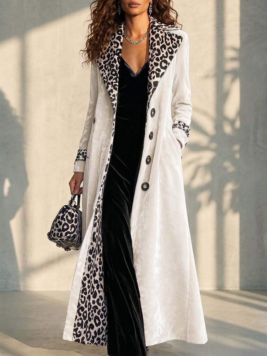 Women's Retro Velvet Long Coat With Leopard Print Color Block Lapel And Inner Panels Single-breasted Long Sleeve Trench Coat