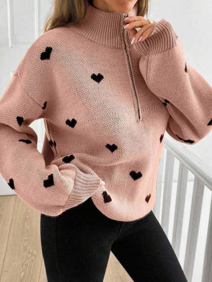 Cozy Half-zip Knit Pullover With Heart Pattern