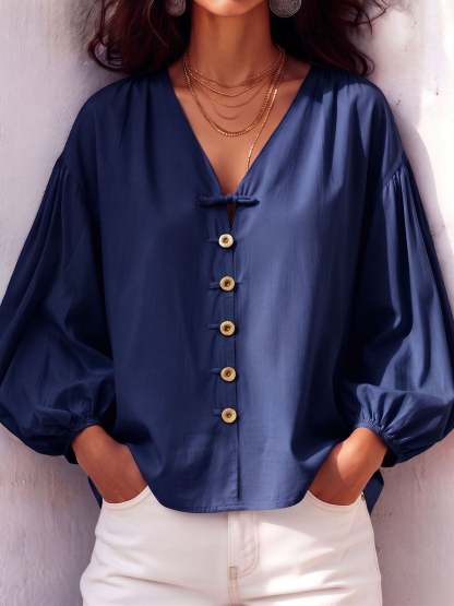Retro V-neck Knot Button Lantern Sleeve Cotton Blouse