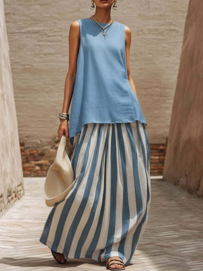 Vacation Cozy Top And Artistic Striped Skirt Linen Cotton Two-piece Set