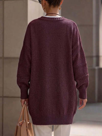 V‑neck Multi‑pocket Drop‑shoulder Oversized Knit Sweater