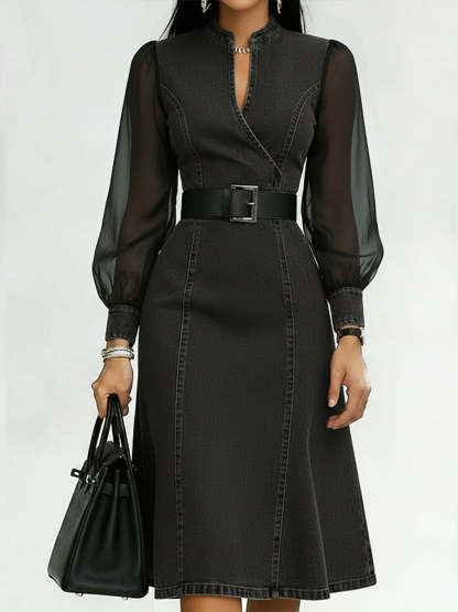 Stylish Denim Dress With Organza Sleeve Panels.