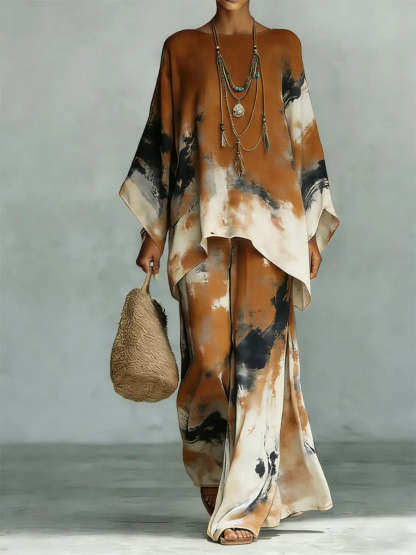 Women's Vintage Art Comfortable Loose Cotton Linen Wide-leg Pants Two-piece Set