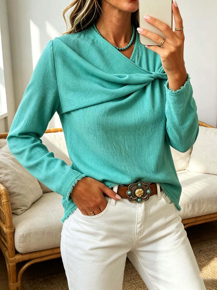 Chic Asymmetrical Draped Neckline Long-sleeve Top