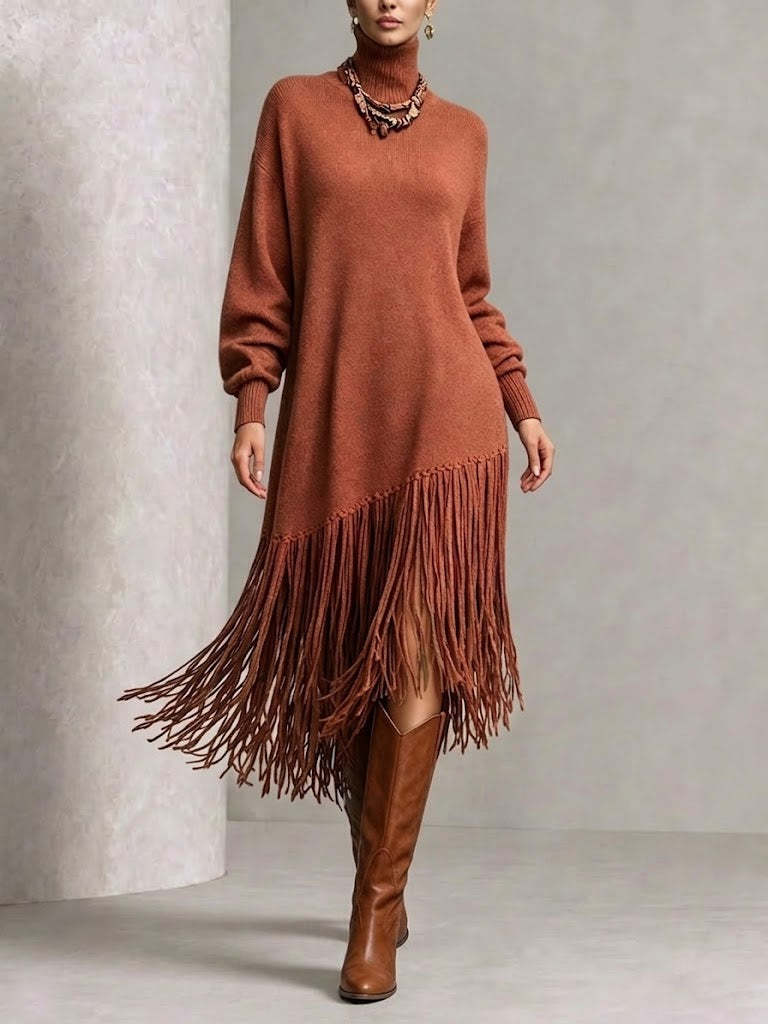 Turtleneck Diagonal Fringe Oversized Knit Midi Dress