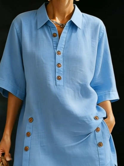 Women’s Linen Shirt & Shorts Two-Piece Set – Casual Cozy Loose-fitting Button-Up Summer Outfit