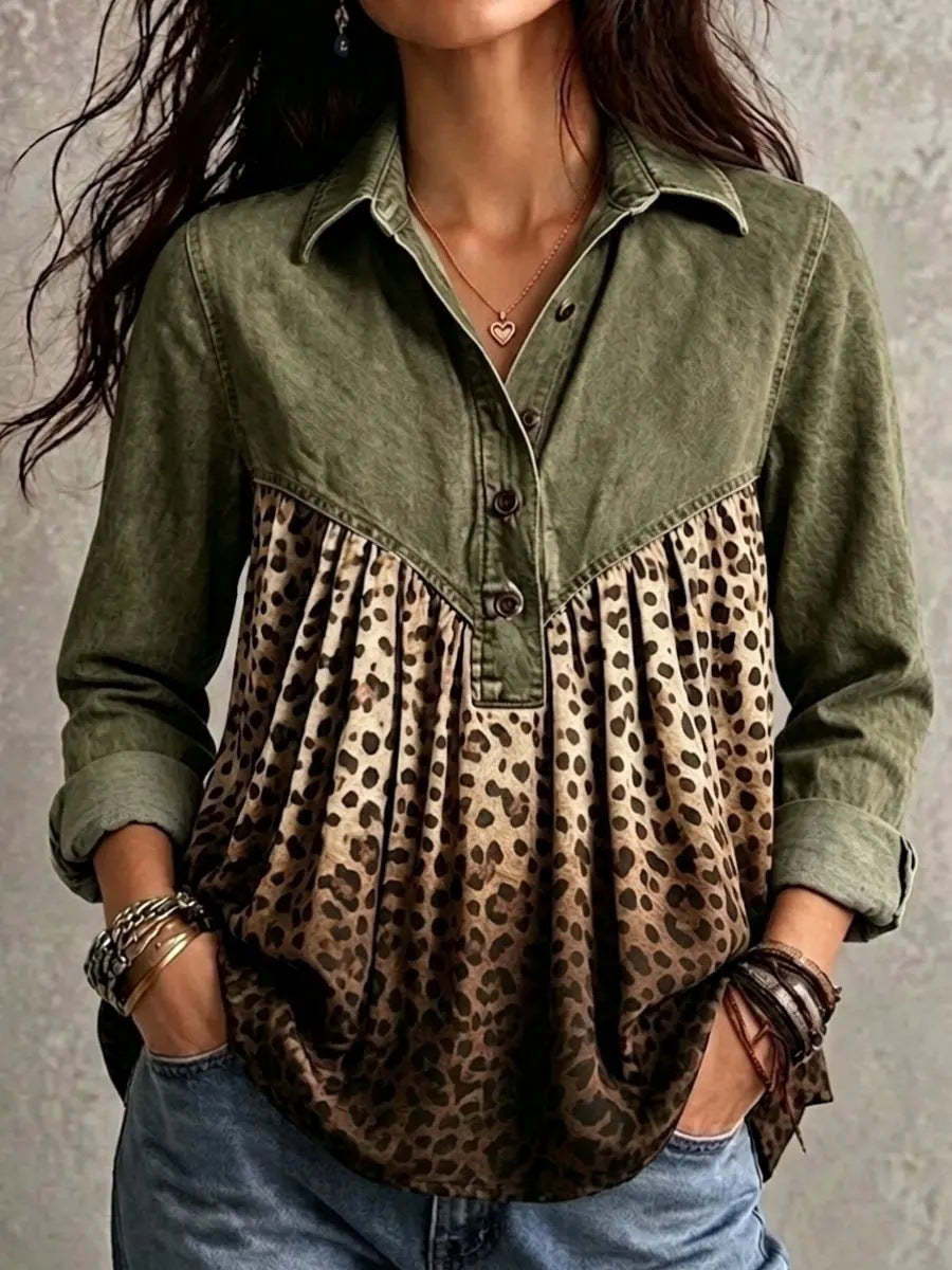 Women Denim Spliced Leopard Print Half Button Long Sleeve Blouse