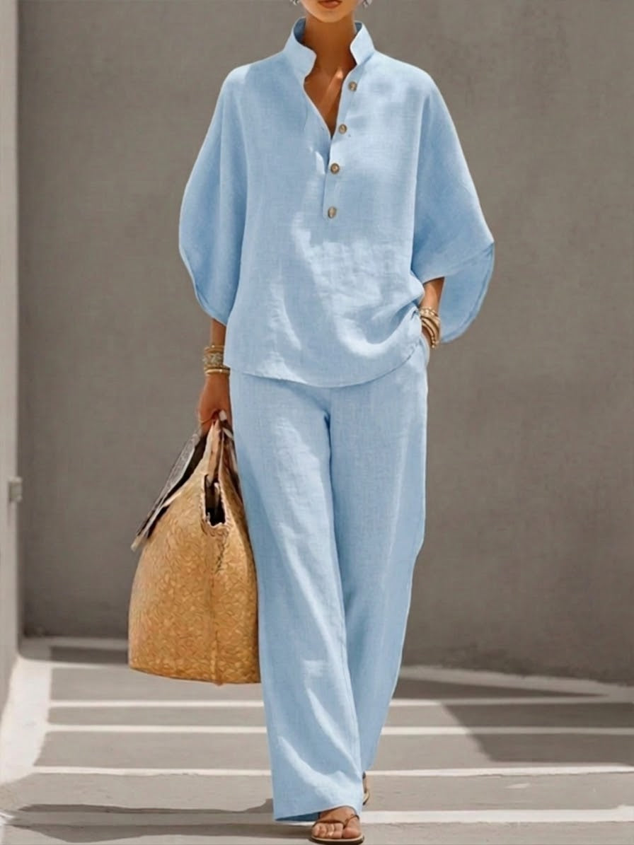 Women’s Batwing Sleeve Linen Cotton Two-Piece Set – Casual Shirt & Wide Leg Pants Outfit