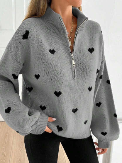 Cozy Half-zip Knit Pullover With Heart Pattern