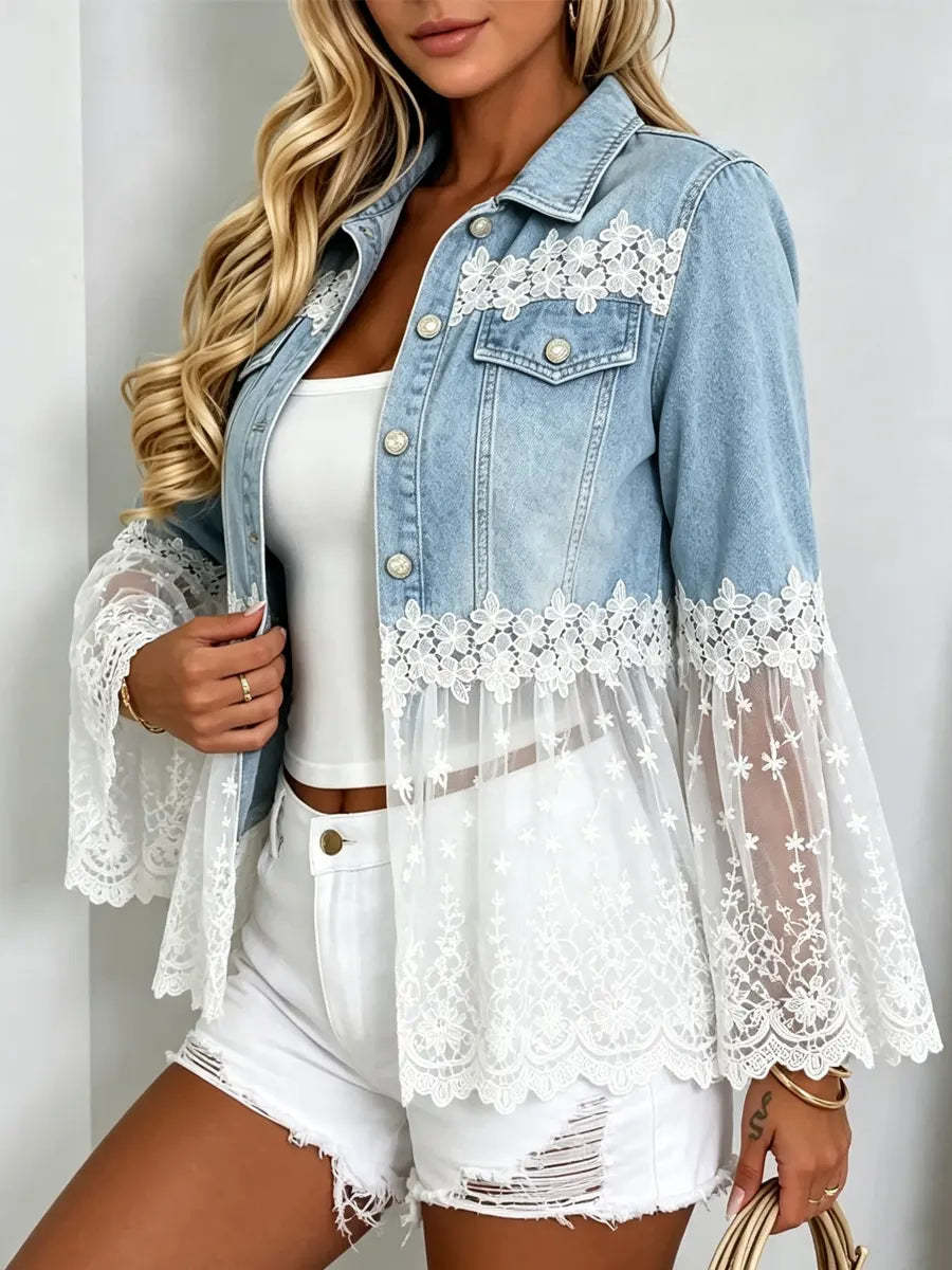 Retro Floral Lace Patchwork Casual Stylish Denim Lapel Coat