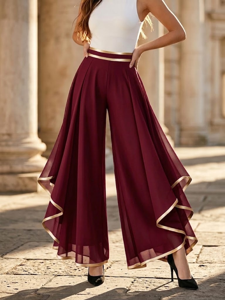 Stylish Gold-trimmed Flowy Chiffon Trousers