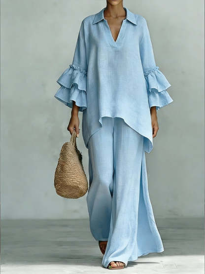 Casual Linen And Cotton Shirt And Wide-leg Pants Two-piece Set