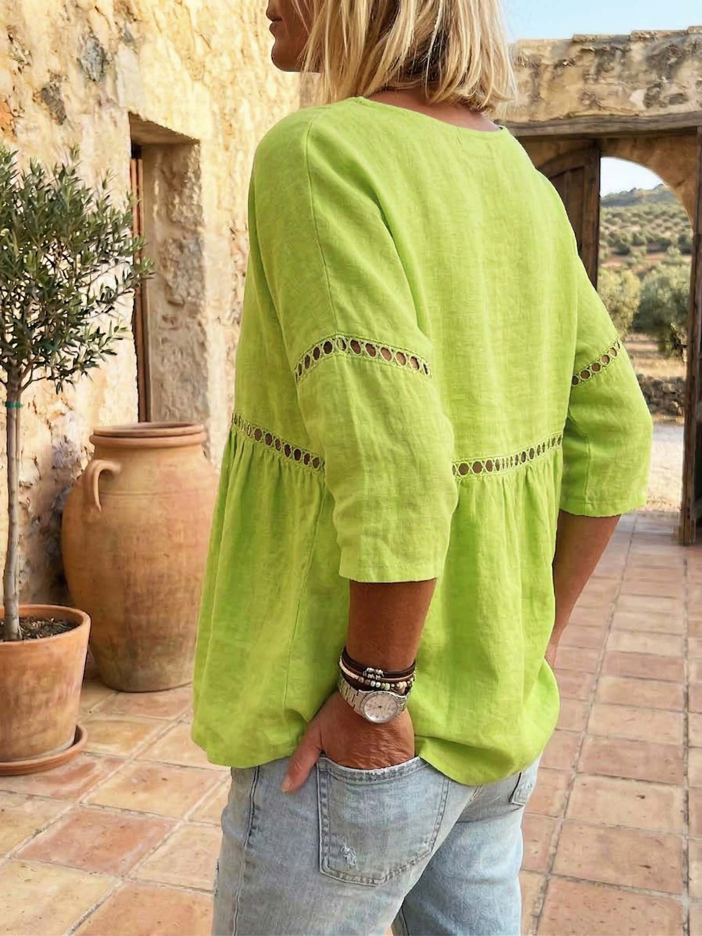 Cozy Hollow-out Patchwork V-neck Linen-cotton Blouse