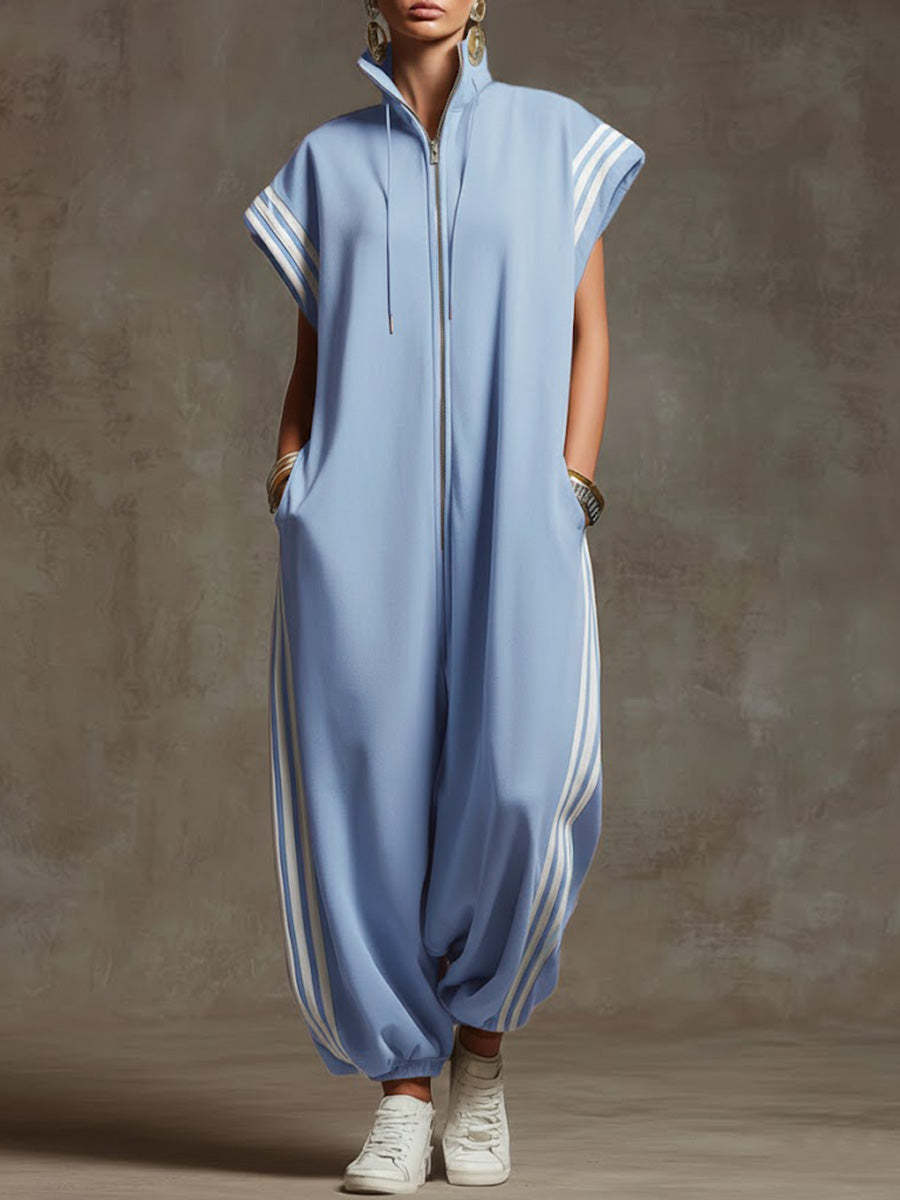 Women's Relaxed Stand-collar Short-sleeved Casual Loose Cotton Wide-leg Jumpsuit