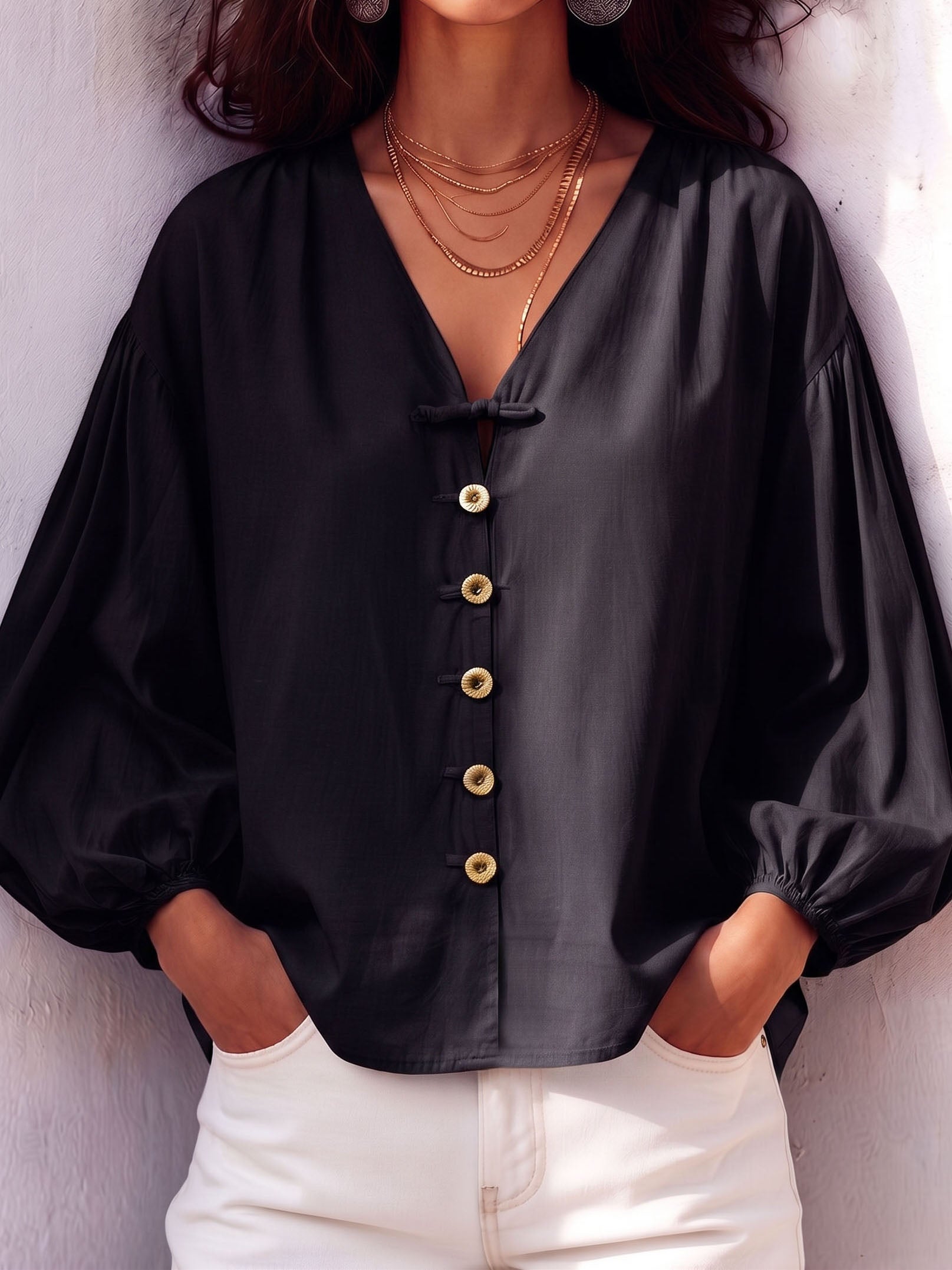 Retro V-neck Knot Button Lantern Sleeve Cotton Blouse