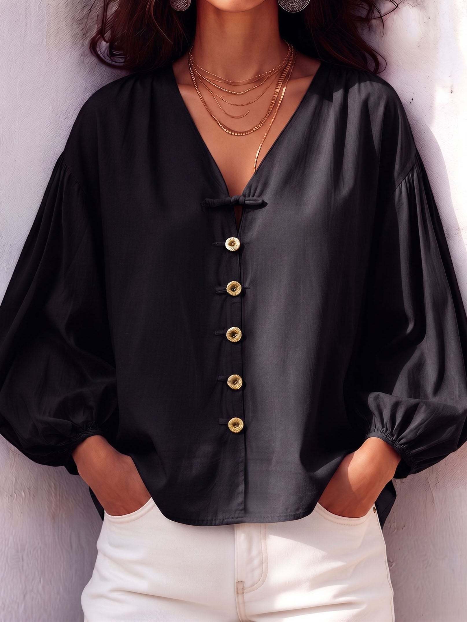 Retro V-neck Knot Button Lantern Sleeve Cotton Blouse