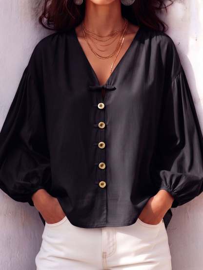 Retro V-neck Knot Button Lantern Sleeve Cotton Blouse