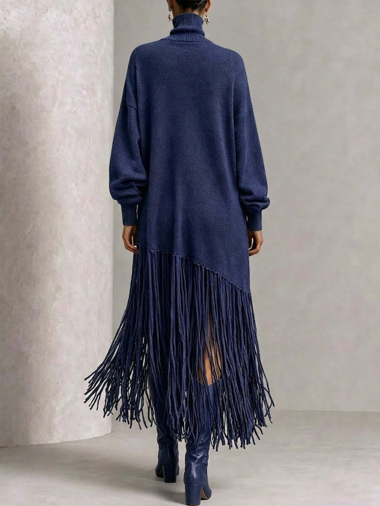 Turtleneck Diagonal Fringe Oversized Knit Midi Dress