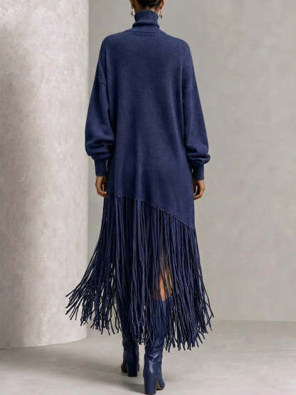 Turtleneck Diagonal Fringe Oversized Knit Midi Dress