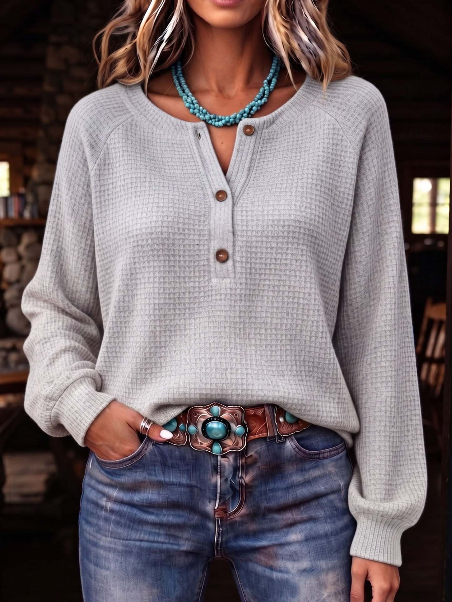 Cozy Waffle Knit Henley Top