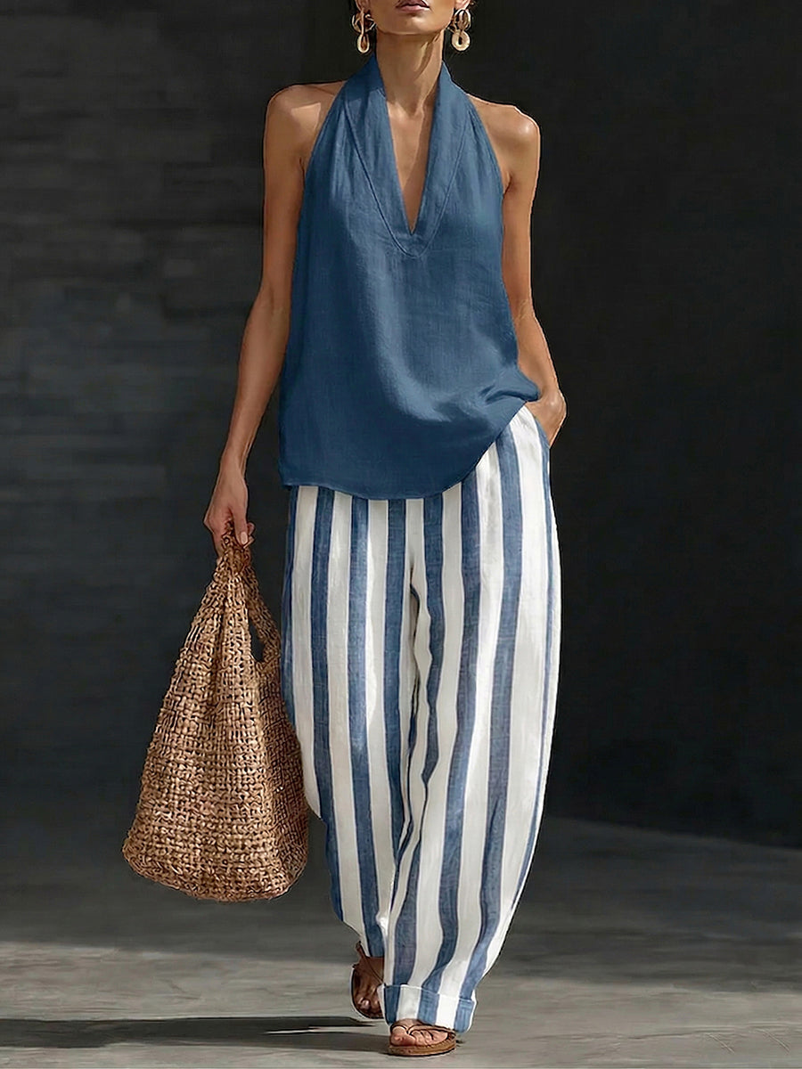 Classic Cozy Striped Cotton-linen Two-piece Set