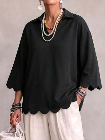 Scallop‑trim Lapel Collar 3/4 Sleeve Relaxed Top