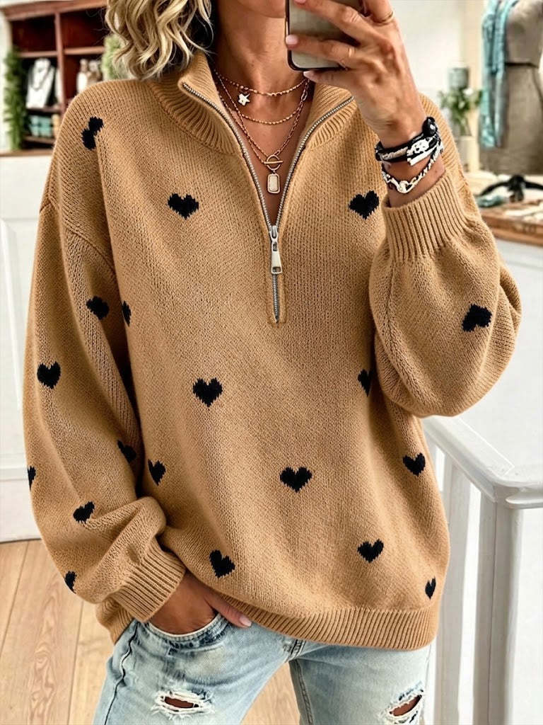 Cozy Half-zip Knit Pullover With Heart Pattern
