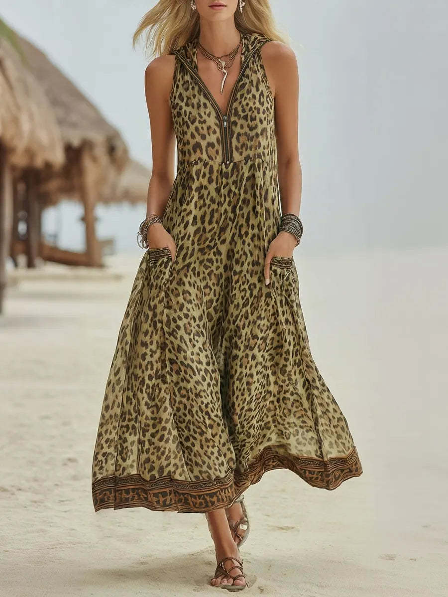 Women's Retro Casual Green Leopard Print Art Hooded Midi Dress