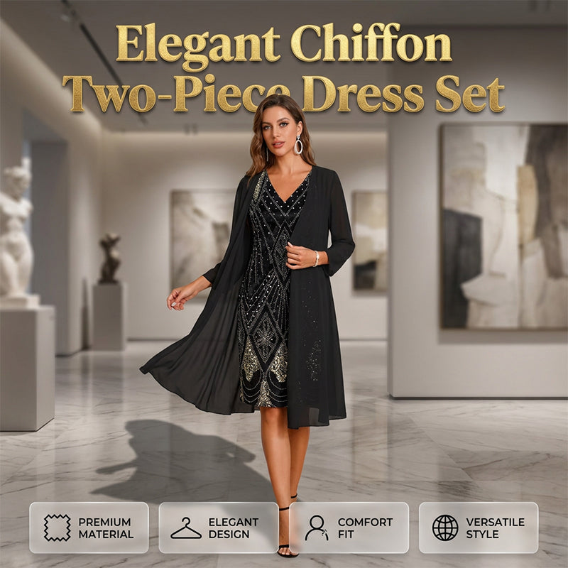 🔥Limited-Time Offer-Women's Long-Sleeve Printed Dress & Cardigan 2 Piece Set