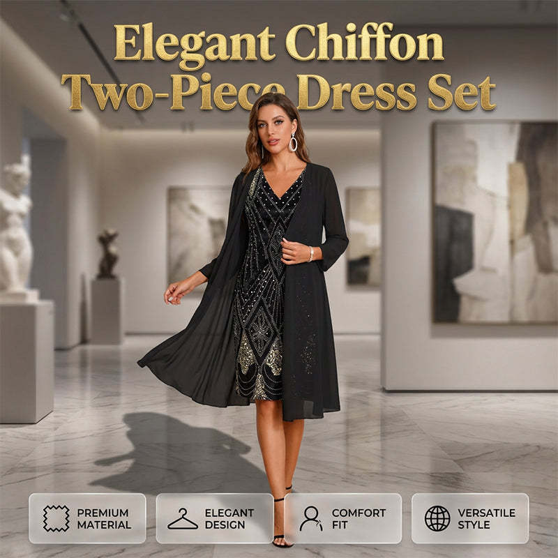 🔥Limited-Time Offer-Women's Long-Sleeve Printed Dress & Cardigan 2 Piece Set