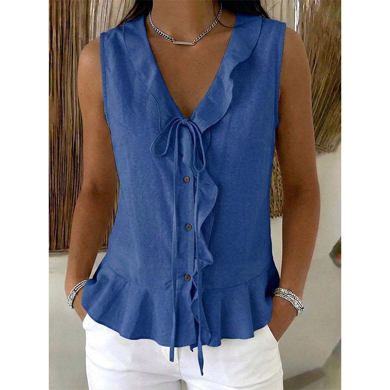 Women's Sleeveless Ruffle Trim V-Neck Top
