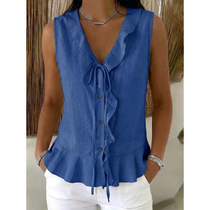 Women's Sleeveless Ruffle Trim V-Neck Top