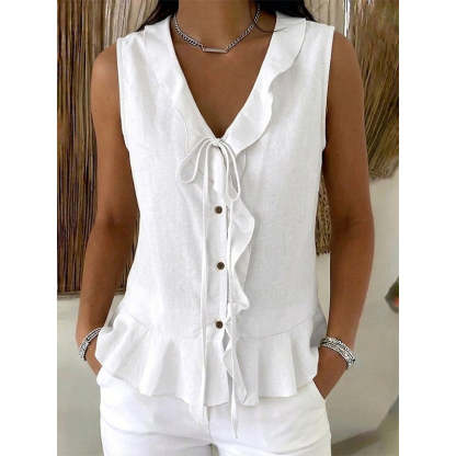 Women's Sleeveless Ruffle Trim V-Neck Top
