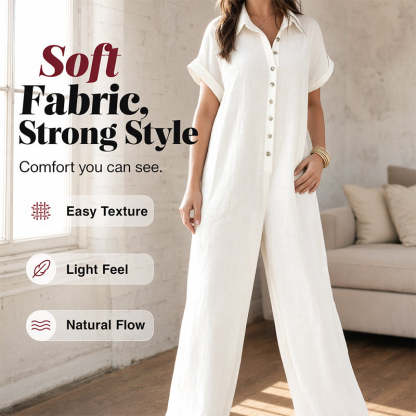 Women's Casual Loose Short Sleeve Button Jumpsuit