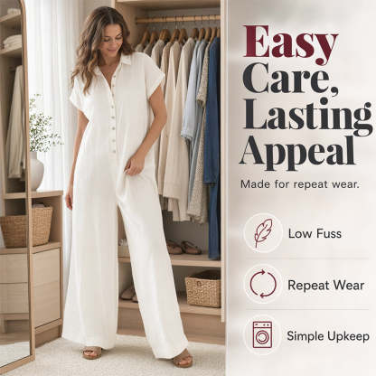 Women's Casual Loose Short Sleeve Button Jumpsuit