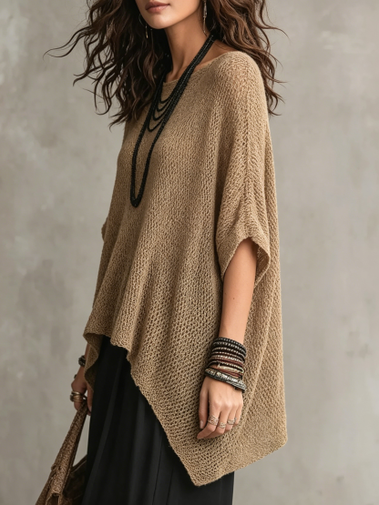 Women's Simple Oversized Knit Sweater With Asymmetrical Hem Design