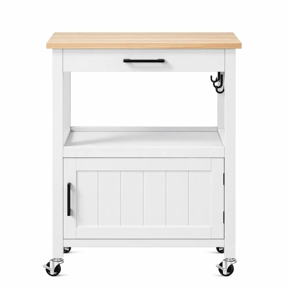 Carrello cucina con ruote e ripiani per microonde, struttura moderna