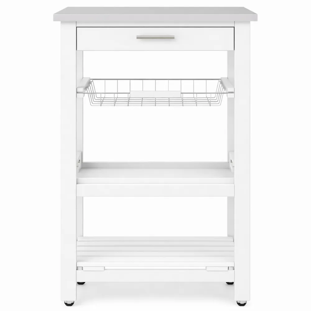 Carrello da Cucina con Piano in Acciaio Inox, Portaoggetti con Cassetto e Cestello