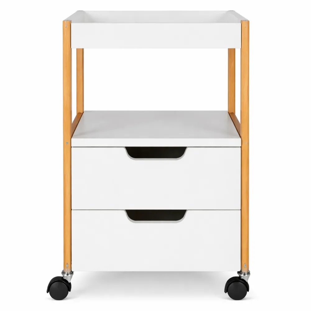 Carrellino multiuso con cassetti, tavolino mobile, legno MDF e bambù, bianco