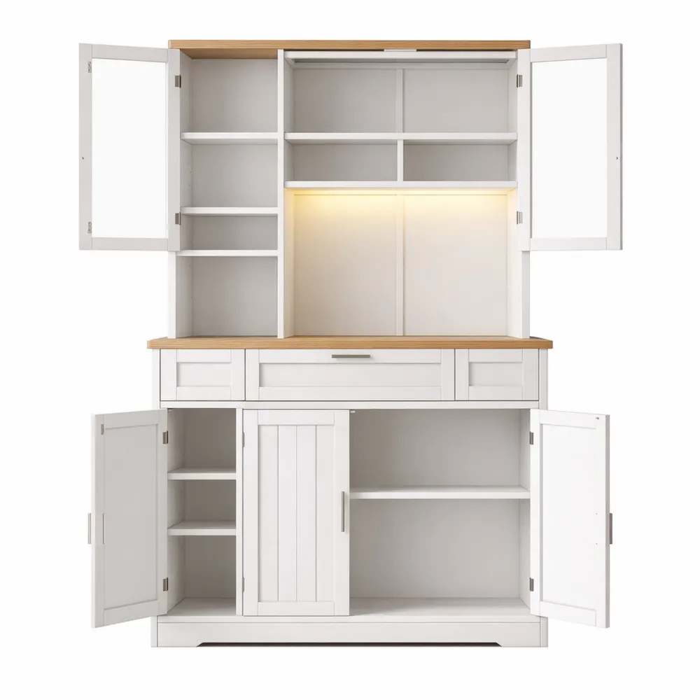 Credenza alta con illuminazione LED per cucina e soggiorno, bianco/nero, 104x40x180 cm