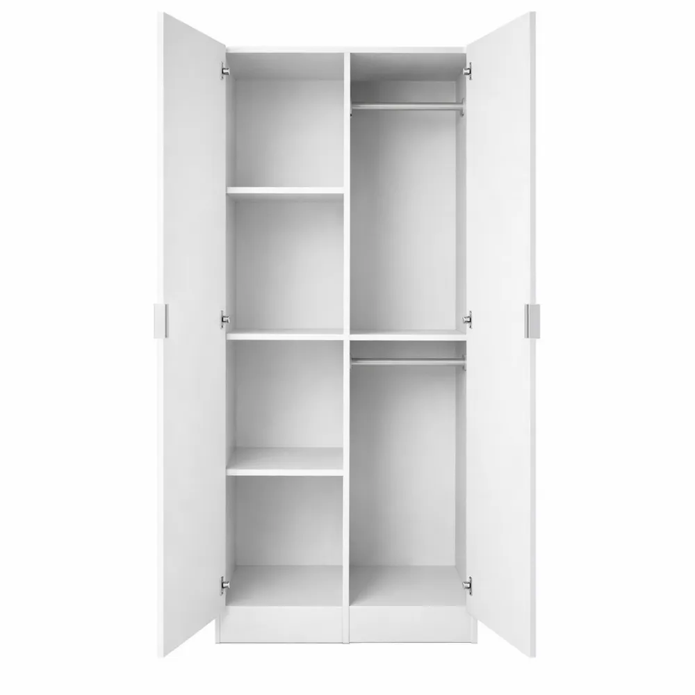 Armadio Bianco a 2 Ante con Appendiabiti e 4 Ripiani per Camera da Letto