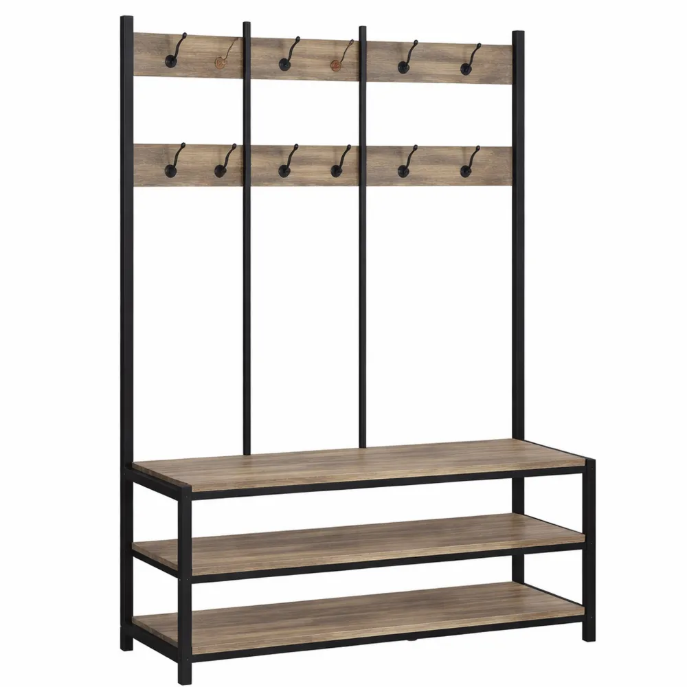 Stand Appendiabiti con Panca e Scarpiera da Ingresso in Legno e Metallo